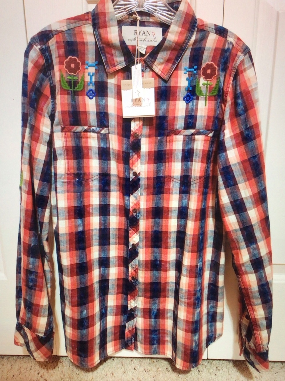 Ryan Michael Red & Blue Plaid Embroidered Button-Up Blouse